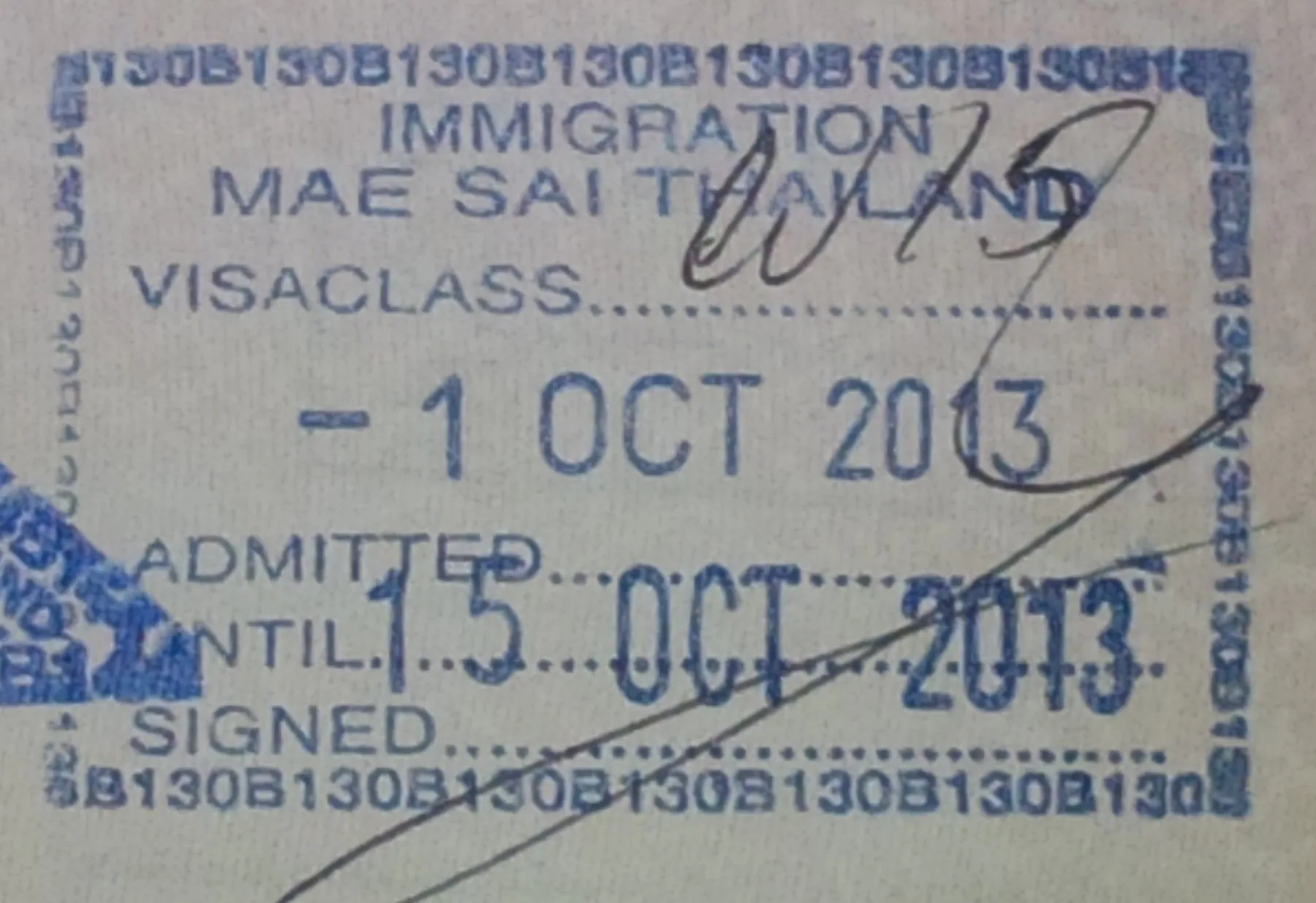 Thailandsk indrejsestempel med ankomstdato og fristen Admitted until